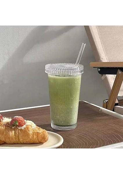 02 375ML 375ML Basit Şerit Cam Kapaklı Bardak ve Saman Şeffaf Kabarcık Çay Bardağı Meyve Suyu Bardağı Bira Kutusu Süt Mocha Bardak Kahvaltı Kupa (Yurt Dışından)