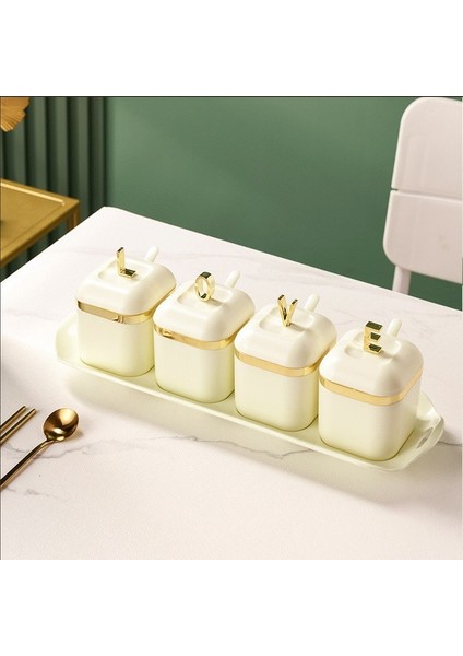 4 Izgaralar Bej Baharat Kutusu Kapaklı Set Tuz Biber Baharat Rafı Kavanoz Şekerlik Mutfak Gadget Cihaz Setleri Kapaklı Baharat Kutusu Organizatör (Yurt Dışından)