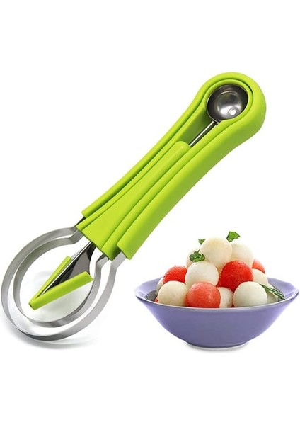 3 In 1 Takım Yeşil Karpuz Dilimleme Kesici Paslanmaz Çelik Fırıldak Tasarım Kesim Meyve Baller Kepçe Meyve Scooper Salata Meyve Dilimleme Kesici Aracı (Yurt Dışından)