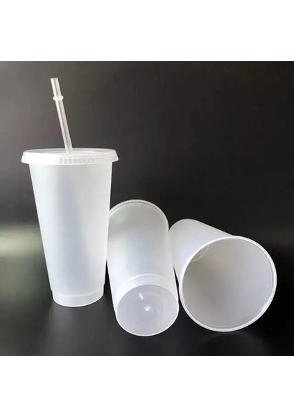 Şeffaf 601-700ML 601-700ML Siyah Beyaz Saman Kapaklı Bardak Renk Değişimi Kahve Fincanı Yeniden Kullanılabilir Bardak Plastik Tumbler Mat Kaplama Kahve Kupa Çift Fincan (Yurt Dışından)