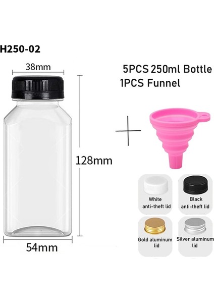 250ML-A Altın Alüminyum Kapak 10 Adet 60-500ML Şeffaf Boş Plastik Meyve Suyu Şişesi Kapaklı W/huni Tek Kullanımlık Meyve Suyu Içecek Konteyneri Meyve Suyu Sıkma Smoothie Yapmak Için (Yurt Dışından)