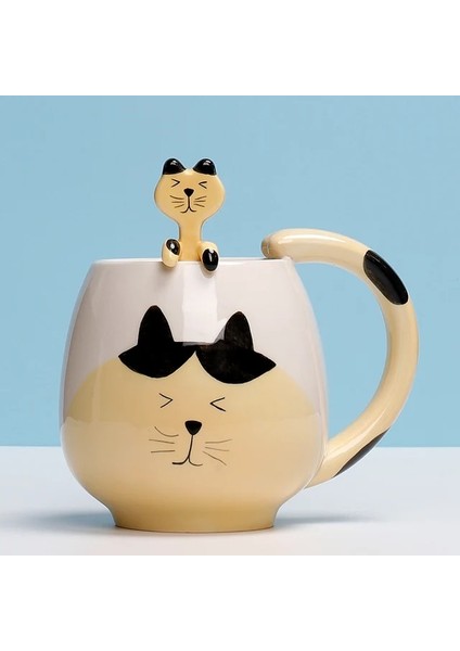 Sarı Misk Kedisi 450ML El-Boyalı Kahve Fincanı Karikatür Güzel Panda Kurbağa Kedi Tilki Domuz Seramik Kupa Çiftler Çocuk Içme Çay Fincanı Çay Kaşığı Dahil (Yurt Dışından)