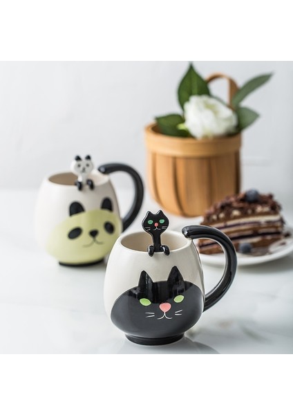 Sarı Misk Kedisi 450ML El-Boyalı Kahve Fincanı Karikatür Güzel Panda Kurbağa Kedi Tilki Domuz Seramik Kupa Çiftler Çocuk Içme Çay Fincanı Çay Kaşığı Dahil (Yurt Dışından)