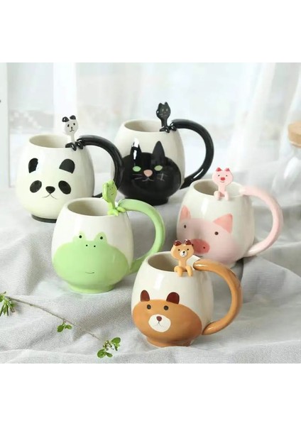 Sarı Misk Kedisi 450ML El-Boyalı Kahve Fincanı Karikatür Güzel Panda Kurbağa Kedi Tilki Domuz Seramik Kupa Çiftler Çocuk Içme Çay Fincanı Çay Kaşığı Dahil (Yurt Dışından)