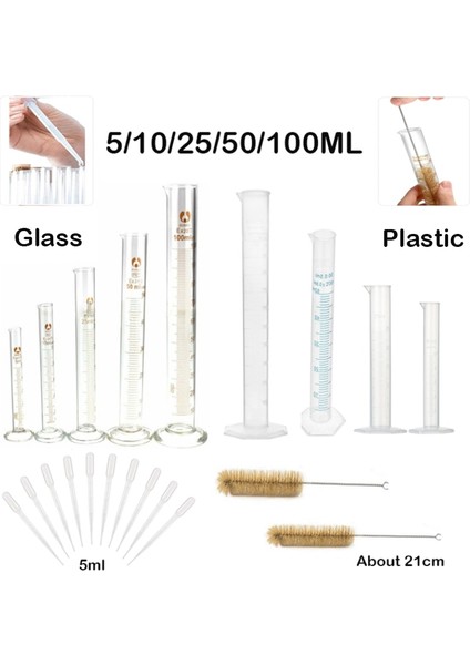 5ml Set Cam Cam/plastik Ölçüm Silindiri, Ölçüm Silindiri Fırçası ve Damlalıklı Kimya Laboratuvarı Standart Ölçüm Kabı (Yurt Dışından)