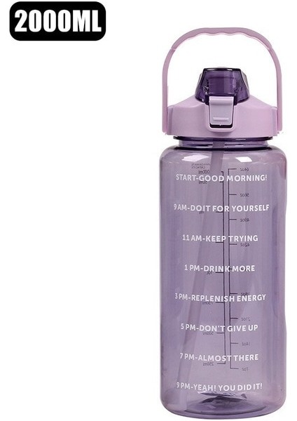 Mor 2000 ml 2 Litre Samanlı Su Şişesi Kadın Kızlar Büyük Taşınabilir Seyahat Şişeleri Spor Fitness Fincan Yaz Soğuk Su Zaman Ölçeği ile (Yurt Dışından)
