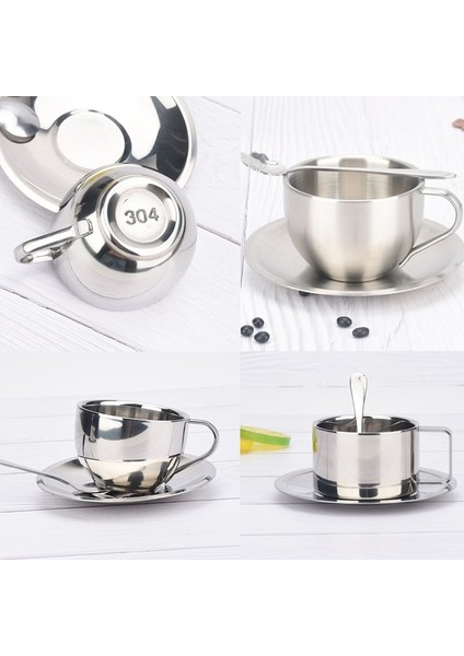 180ML Parlak Işık 101-200ML Paslanmaz Çelik Kahve Fincanları Seti Çift Katlı Isı Yalıtım Kahve Kupa Çay Fincanları Seti Çay Seti Süt Kupa Tabağı Mat Kaşık (Yurt Dışından)