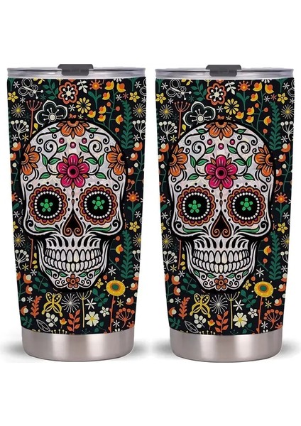 Stil 4 20OZ Kafatası Çiçek Sanatı Bardak Kapaklı, Paslanmaz Çelik Çift Duvar Vakum Termos Yalıtımlı Seyahat Kahve Kupa Gençler Için Hediye (Yurt Dışından)