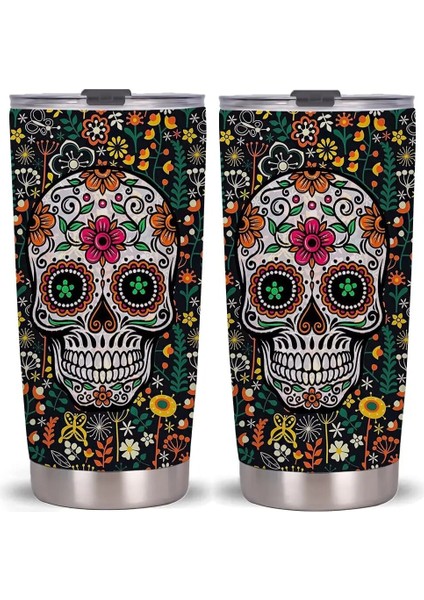 Stil 4 20OZ Kafatası Çiçek Sanatı Bardak Kapaklı, Paslanmaz Çelik Çift Duvar Vakum Termos Yalıtımlı Seyahat Kahve Kupa Gençler Için Hediye (Yurt Dışından)