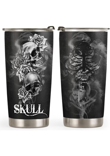 Stil 4 20OZ Kafatası Çiçek Sanatı Bardak Kapaklı, Paslanmaz Çelik Çift Duvar Vakum Termos Yalıtımlı Seyahat Kahve Kupa Gençler Için Hediye (Yurt Dışından)