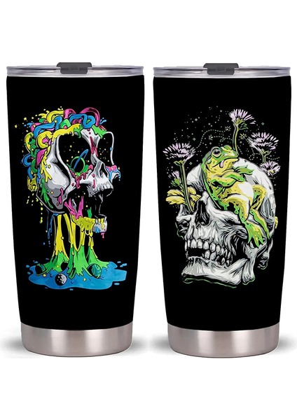 Stil 4 20OZ Kafatası Çiçek Sanatı Bardak Kapaklı, Paslanmaz Çelik Çift Duvar Vakum Termos Yalıtımlı Seyahat Kahve Kupa Gençler Için Hediye (Yurt Dışından)