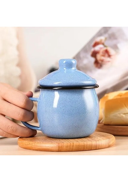 Mavi 380 ml 380 ml Sevimli Küresel Fincan Kalınlaşmış Emaye Kapaklı Fincan Kahve Kupa Çocuk Içme Fincan Kahvaltı Süt Kupa (Yurt Dışından)