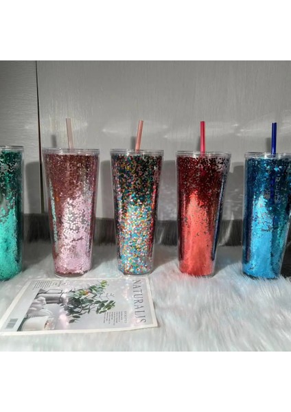 04 710ML Yeni 710ML Çift Katmanlı Renkli Glitter Plastik Samanlı Bardak Yaratıcı Su Bardağı Saman Bardak Kahve Tumbler Yeniden Kullanılabilir Içme Kupa (Yurt Dışından)