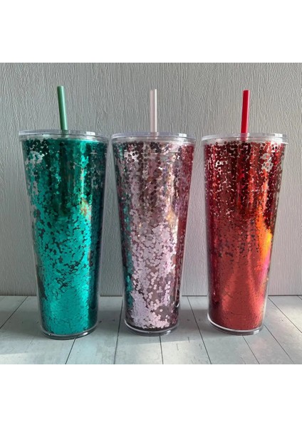 04 710ML Yeni 710ML Çift Katmanlı Renkli Glitter Plastik Samanlı Bardak Yaratıcı Su Bardağı Saman Bardak Kahve Tumbler Yeniden Kullanılabilir Içme Kupa (Yurt Dışından)
