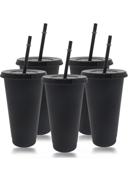 5 Adet 700ML-SIYAH 5 Adet 473ML/700ML Siyah Yeniden Kullanılabilir Plastik Su Şişesi Soğuk Kapaklı Bardak ve Saman Sihirli Tumbler Kişiselleştirilmiş Bardak Kahve Kupa (Yurt Dışından)
