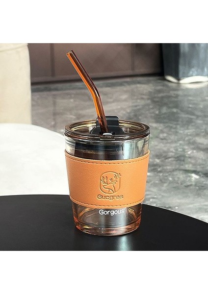 C5 350ML 350ML 450ML Cam Bardak Kahve Kapaklı Kupa Saman Geyik Baskılı Deri Isıya Dayanıklı Cam Su Şişesi Noel Şarap Bardağı (Yurt Dışından)