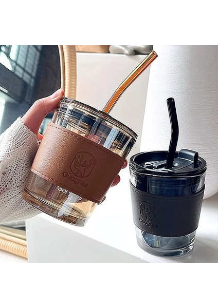 C5 350ML 350ML 450ML Cam Bardak Kahve Kapaklı Kupa Saman Geyik Baskılı Deri Isıya Dayanıklı Cam Su Şişesi Noel Şarap Bardağı (Yurt Dışından) indirimleri