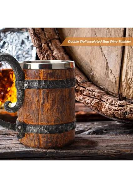 06 Viking Ahşap Tarzı Bira Kupa Simülasyon Ahşap Varil Bira Bardağı Çift Duvar Içme Kupa Metal Yalıtımlı Bar Içme Kahve Fincanı (Yurt Dışından)