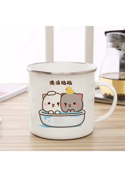 20 Emaye Fincan Yeni Şeftali ve Goma Kedi Emaye Kahve Çay Bardağı Sevimli Hayvan Kahvaltı Tatlı Süt Su Bardağı Çift Hediye Orijinal Kahvaltı Fincanları (Yurt Dışından)