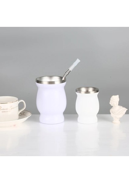 Beyaz 8oz Kaşıklı Yerba Mate Kupası 304 Paslanmaz Çelik Çift Duvar 8oz Taşınabilir Çay Kupa Arjantin Yerba Mate Kabak Bombillalı ve Temizleme Fırçalı (Yurt Dışından)