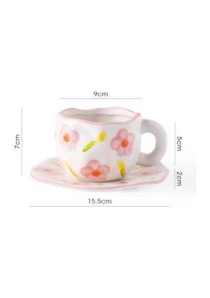 H 200ML-300ML 300ML 10OZ Kore Tarzı Kawaii Sevimli Seramik Kupalar El Yapımı Çiçek Desen Kahvaltı Kahve Süt Fincan Çanak ve Kaşık ile (Yurt Dışından)