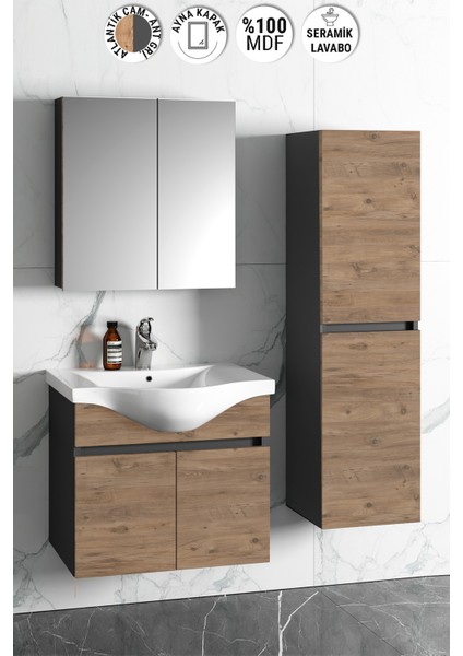 Yıldız 55+35 cm Antrasit Gri Mat-Atlantik Çam Mdf Seramik Lavabolu Asma Banyo Dolabı Takımı