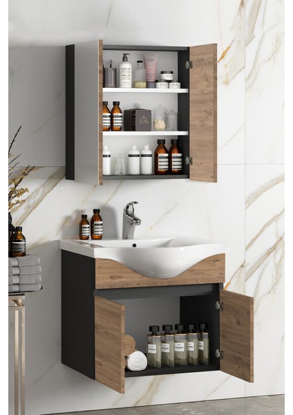 Yıldız 55+35 cm Antrasit Gri Mat-Atlantik Çam Mdf Seramik Lavabolu Asma Banyo Dolabı Takımı modelleri