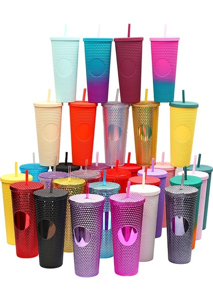 710 ml Elmas Radyant Saman Kapaklı Bardak 710 ml Kişiselleştirilmiş Soğuk Su Bardağı Samanlı Bardak Çift Katmanlı Plastik Durian Kahve Kupa (Yurt Dışından)