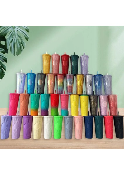 710 ml Elmas Radyant Saman Kapaklı Bardak 710 ml Kişiselleştirilmiş Soğuk Su Bardağı Samanlı Bardak Çift Katmanlı Plastik Durian Kahve Kupa (Yurt Dışından)