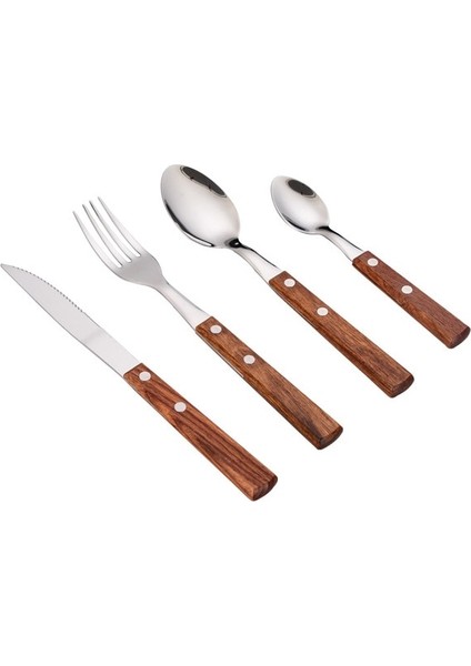 Gri Paslanmaz Çelik Batı Sofra Ahşap Saplı Çatal Bıçak Takımı Üç Biftek Bıçağı Kek Bıçağı Meyve Çatalı Çatal Seti (Yurt Dışından)