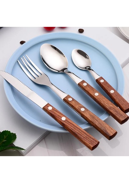 Gri Paslanmaz Çelik Batı Sofra Ahşap Saplı Çatal Bıçak Takımı Üç Biftek Bıçağı Kek Bıçağı Meyve Çatalı Çatal Seti (Yurt Dışından) fırsatları