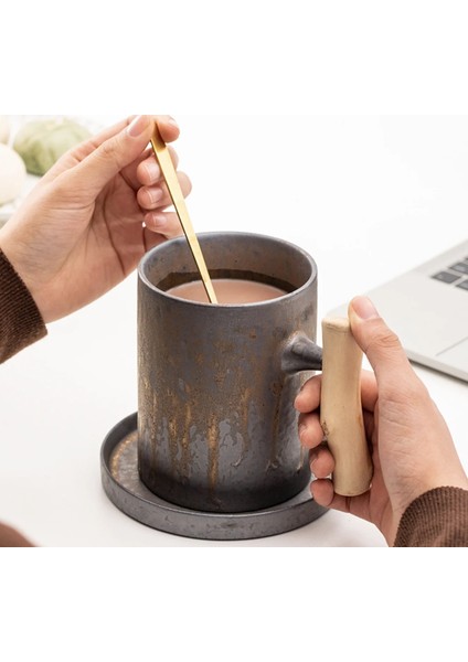 Stil-2 B Japon Tarzı Vintage Seramik Kahve Kupa Bardak Pas Sır Çay Süt Ahşap Saplı Bira Kupa Su Bardağı Ev Ofis Drinkware (Yurt Dışından)