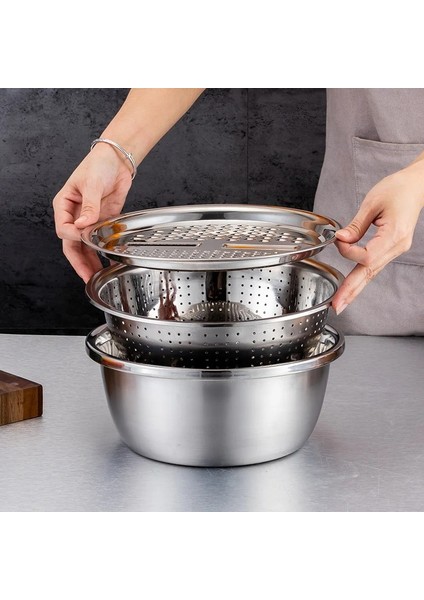 28CM 3 Adet/takım Paslanmaz Çelik Drenaj Sepeti Çok Fonksiyonlu Sebze Dilimleme Kesici Mutfak Sebze Rende Pot Sebze Meyve Tabağı (Yurt Dışından)