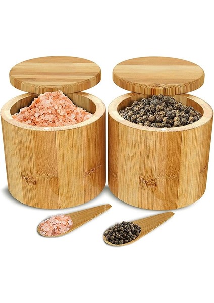 C Ahşap Yuvarlak Tuz Kutusu Bambu Baharat Kavanoz Manyetik Döner Kapaklı Konteyner Mutfak Saklama Kapları Tuz Kutusu Baharat Aracı (Yurt Dışından)