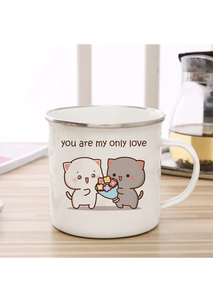 13 Emaye Fincan Yeni Şeftali ve Goma Kedi Emaye Kahve Çay Bardağı Sevimli Hayvan Kahvaltı Tatlı Süt Su Bardağı Çift Hediye Orijinal Kahvaltı Fincanları (Yurt Dışından)