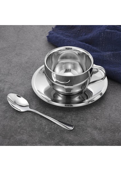 200ML 101-200ML Paslanmaz Çelik Kahve Fincanları Seti Çift Katlı Isı Yalıtım Kahve Kupa Çay Fincanları Seti Çay Seti Süt Kupa Tabağı Mat Kaşık (Yurt Dışından)