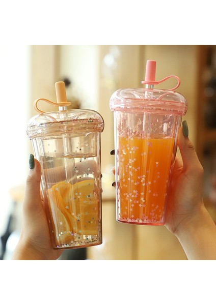 Pembe 420 ml Ins Kabarcık Çay Bardağı Taşınabilir Samanlı Bardak Plastik Kahve Fincanları Kapaklı Şeffaf Su Şişesi (Yurt Dışından)