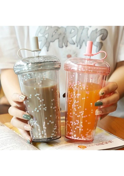 Pembe 420 ml Ins Kabarcık Çay Bardağı Taşınabilir Samanlı Bardak Plastik Kahve Fincanları Kapaklı Şeffaf Su Şişesi (Yurt Dışından)