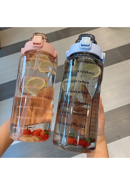 Siyah 2000 ml 2 Litre Samanlı Su Şişesi Kadın Sürahi Kızlar Taşınabilir Seyahat Şişeleri Spor Bisiklet Fincan Yaz Soğuk Su Sürahisi Zaman Işaretleyici ile (Yurt Dışından)