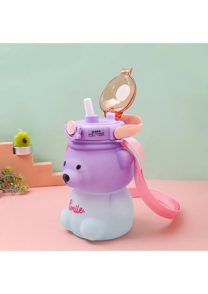 Gradyan Mor Mavi 1000 ml Çocuklar Için 1 Litre Su Şişesi Pipetli Bardak Kupa Bardak Ayı Kawaii Yaz Açık Spor Plastik Kız Okul Sevimli Içme Bardağı (Yurt Dışından)