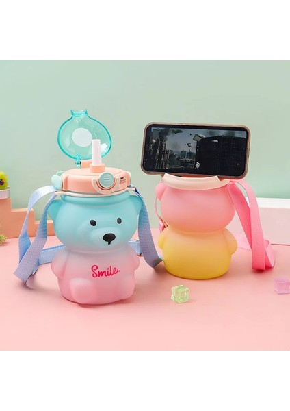 Gradyan Mor Mavi 1000 ml Çocuklar Için 1 Litre Su Şişesi Pipetli Bardak Kupa Bardak Ayı Kawaii Yaz Açık Spor Plastik Kız Okul Sevimli Içme Bardağı (Yurt Dışından)