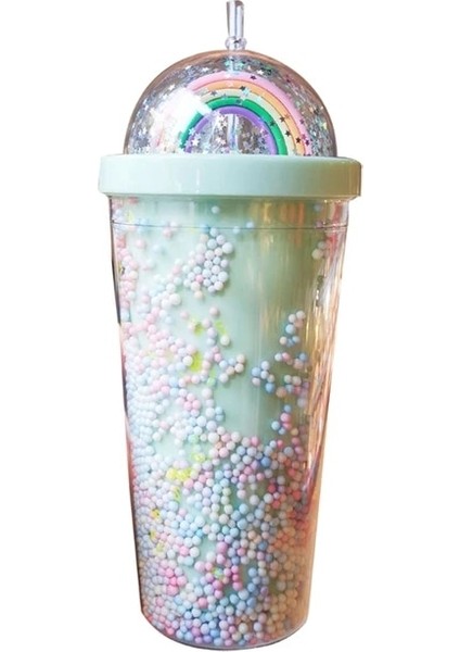 5AC704325-05 F63A 550 ml Yaratıcı Gökkuşağı Plastik Su Şişesi Çift Katmanlı Parlak Bataklık Payetler Kawaii Pipetli Bardak Kapaklı Kahve (Yurt Dışından)
