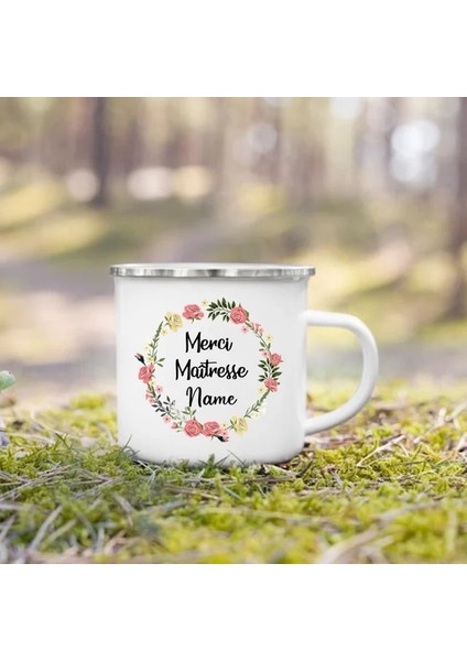-A015WH-8 360 ml Kişiselleştirilmiş Fransız Baskı Kupalar Özel Ad Kahve Fincanları Içecek Su Süt Kupası Emaye Kupa Okul Ev Kolu Drinkware Öğretmen Hediye (Yurt Dışından)