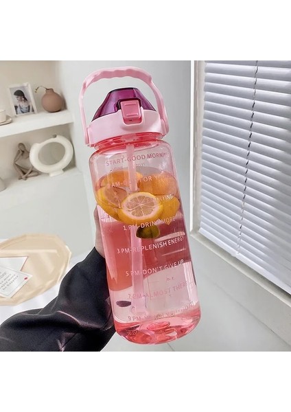 Pembe 2l 2 Litre Açık Spor Içme Şişeleri Zaman Işaretleyici ile Samanlı Su Şişesi Büyük Kapasiteli Açık Fincan Spor Su Şişesi (Yurt Dışından)