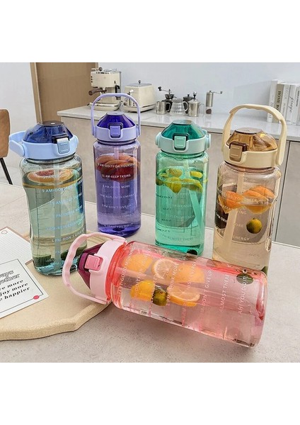 Pembe 2l 2 Litre Açık Spor Içme Şişeleri Zaman Işaretleyici ile Samanlı Su Şişesi Büyük Kapasiteli Açık Fincan Spor Su Şişesi (Yurt Dışından)