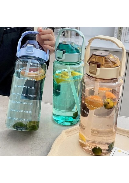 Pembe 2l 2 Litre Açık Spor Içme Şişeleri Zaman Işaretleyici ile Samanlı Su Şişesi Büyük Kapasiteli Açık Fincan Spor Su Şişesi (Yurt Dışından)