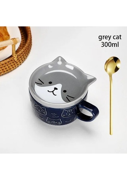 Gri CAT300ML 400-450ML 300/450ML Karikatür Hayvan Seramik Kapaklı Kupa Kahvaltı Yulaf Ezmesi Bardak ve Tabak Süt Kahve Kaşıklı Kupa Mikrodalga Fırın Güvenli (Yurt Dışından)
