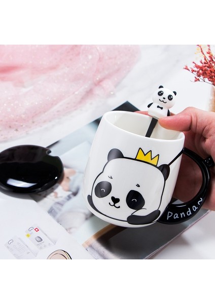 A-4 400 ml Seramik 3D Panda Kahve Kapaklı Kupalar Kaşık Yeni Karikatür Retro Süt Çift Bardak Drinkware Iş Hediyeler Mutfak Bar Malzemeleri (Yurt Dışından)