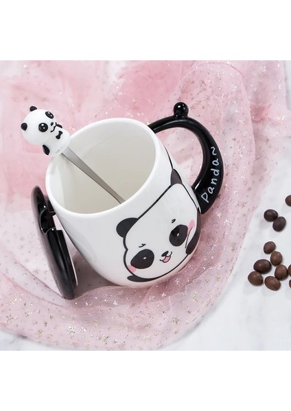 A-4 400 ml Seramik 3D Panda Kahve Kapaklı Kupalar Kaşık Yeni Karikatür Retro Süt Çift Bardak Drinkware Iş Hediyeler Mutfak Bar Malzemeleri (Yurt Dışından)