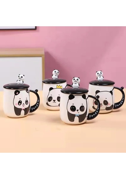 A-4 400 ml Seramik 3D Panda Kahve Kapaklı Kupalar Kaşık Yeni Karikatür Retro Süt Çift Bardak Drinkware Iş Hediyeler Mutfak Bar Malzemeleri (Yurt Dışından)